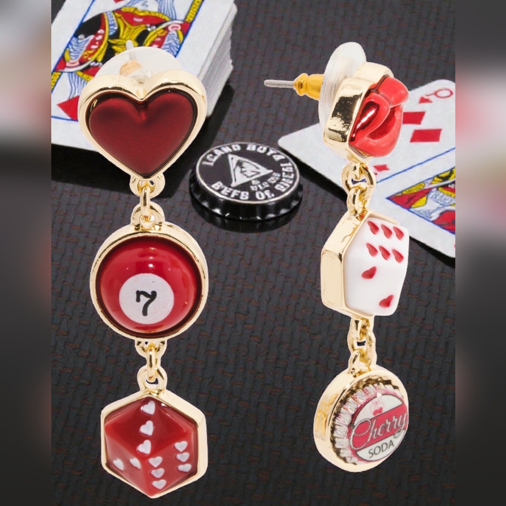 NEW Betsey Johnson Lips, Heart, Dice & Cherry Cola Linear Drop Earrings NWT - Picture 4 of 5